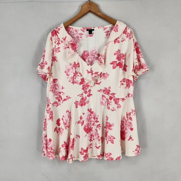 Torrid Georgette Flutter V Neck Blouse Women's L Monochrome Floral Rose - Picture 3 of 8